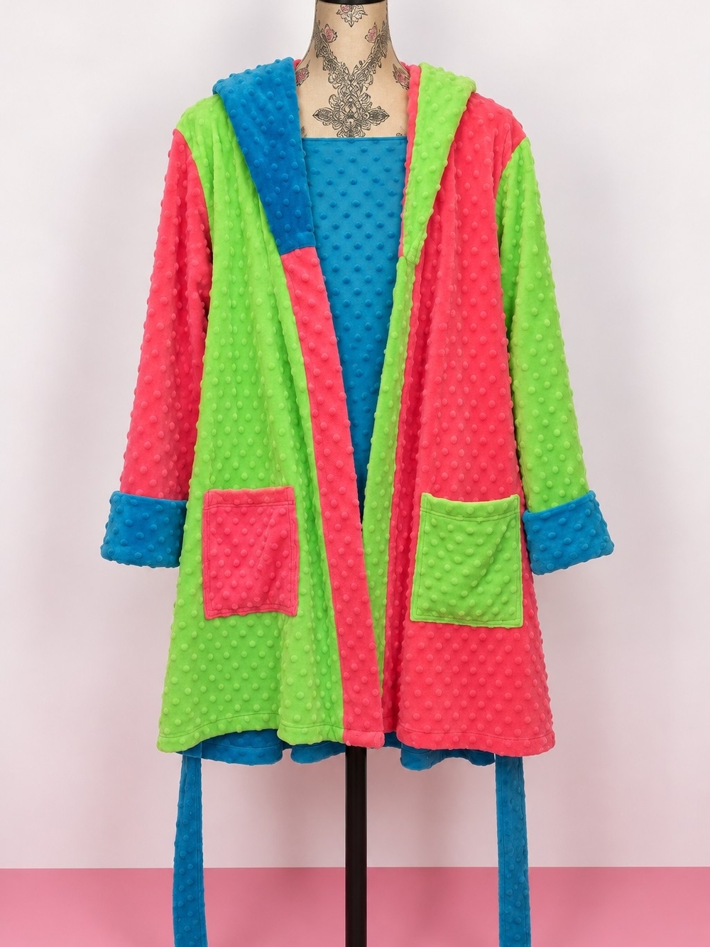 Fat Rat Family Colorblock Minky Dot Hooded Robe - Size Large Hard To Fine - Picture 2 of 12